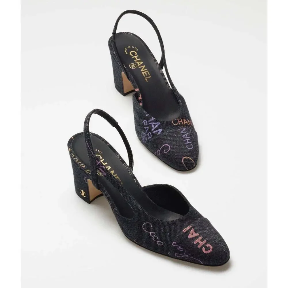 Chanel 22P Mademoiselle Coco Sling Black Grey Denim Slingback Sandal Heel 37.5 - Picture 3 of 12